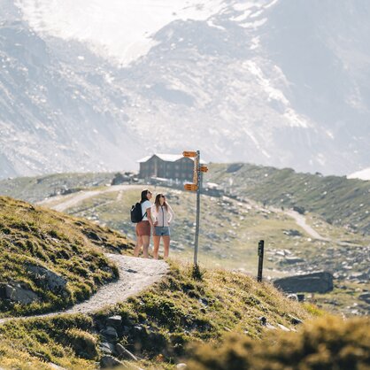 Die Gäste orientieren sich an den gelben Wegweiser über die verschiedenen Wanderwege | © Gabriel Perren