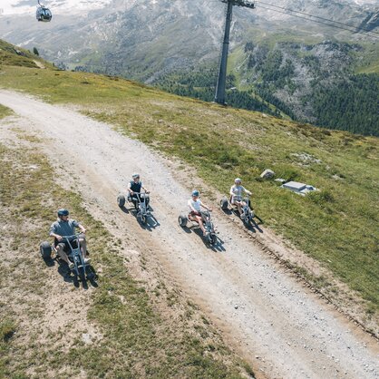 Eine Gruppe düst mit den Mountaincarts den Berg hinunter. | © Gabriel Perren